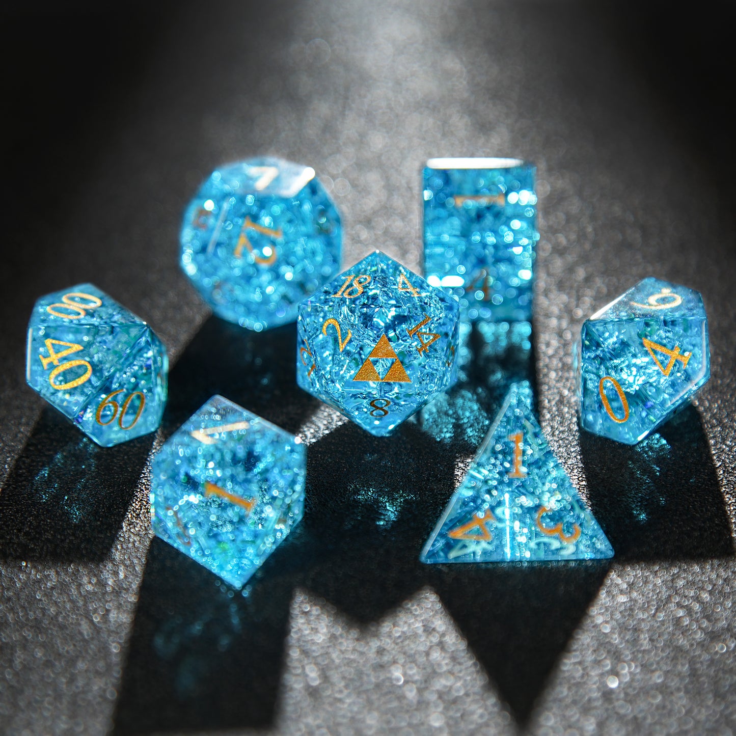 Blue Gemstone Golden Numbers D&D Dice Set