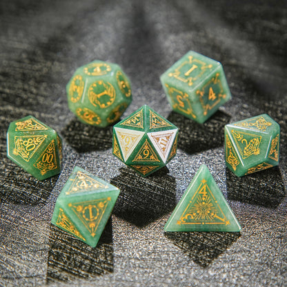 Green Gemstone Engraved Dice Set Astrology Style