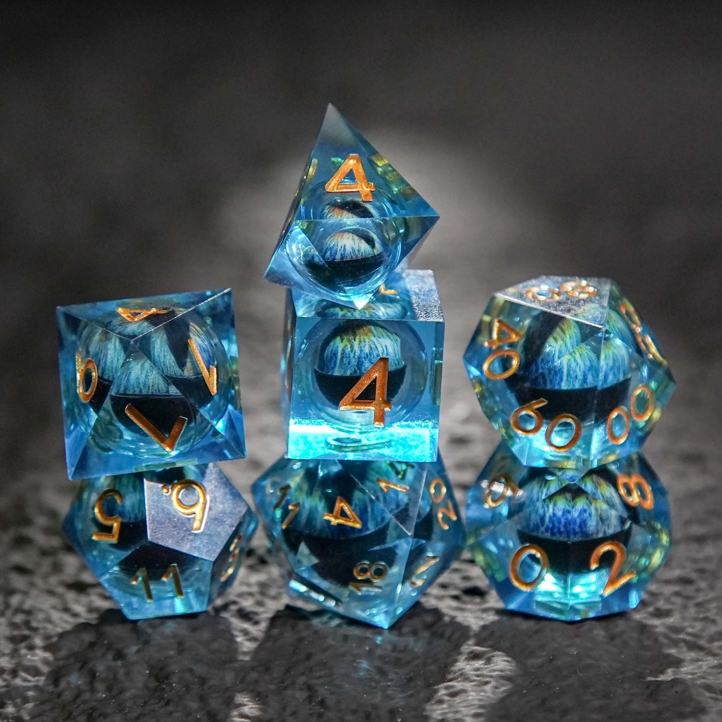 Dragon's Eye Resin Dice Set, Blue + Golden Numbers