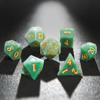 Green Gemstone+Golden Numbers D&D Dice Set