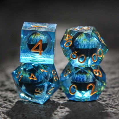 Dragon's Eye Resin Dice Set, Blue + Golden Numbers