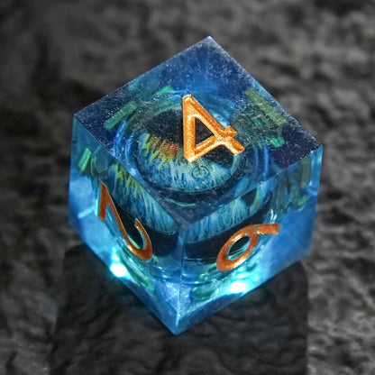 Dragon's Eye Resin Dice Set, Blue + Golden Numbers