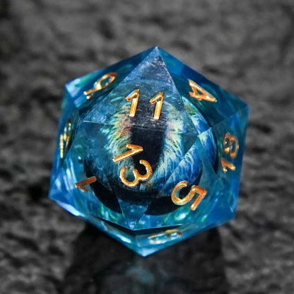 Dragon's Eye Resin Dice Set, Blue + Golden Numbers