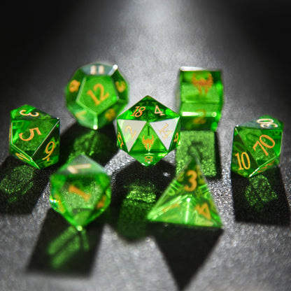 Juego de dados D&amp;D con piedras preciosas transparentes de color verde 