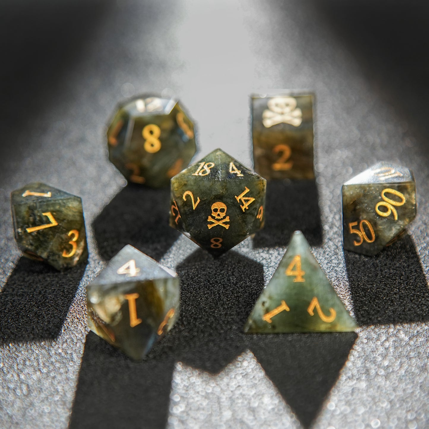 Green Skull Motif Gemstone D&D Dice Set