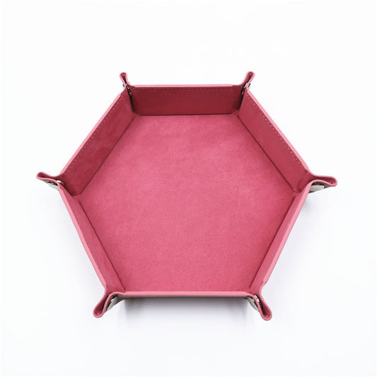 PU Leather Dice Tray Folding Hexagon Dice Holder Tray for Dungeons and Dragons RPG Table Games, Dark Pink