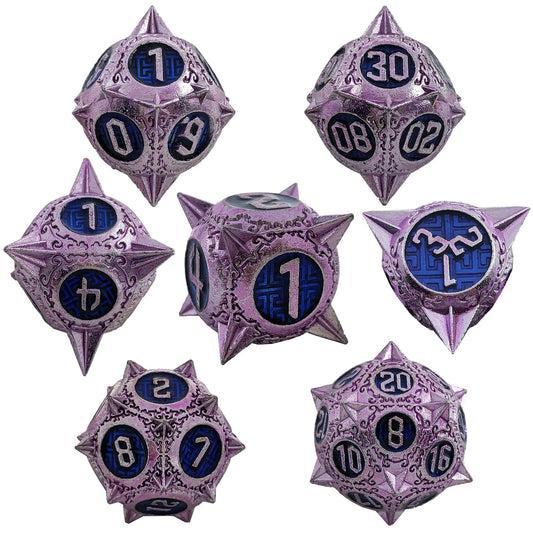 Purple Blue Metal Solid Round Pointed Dice Set
