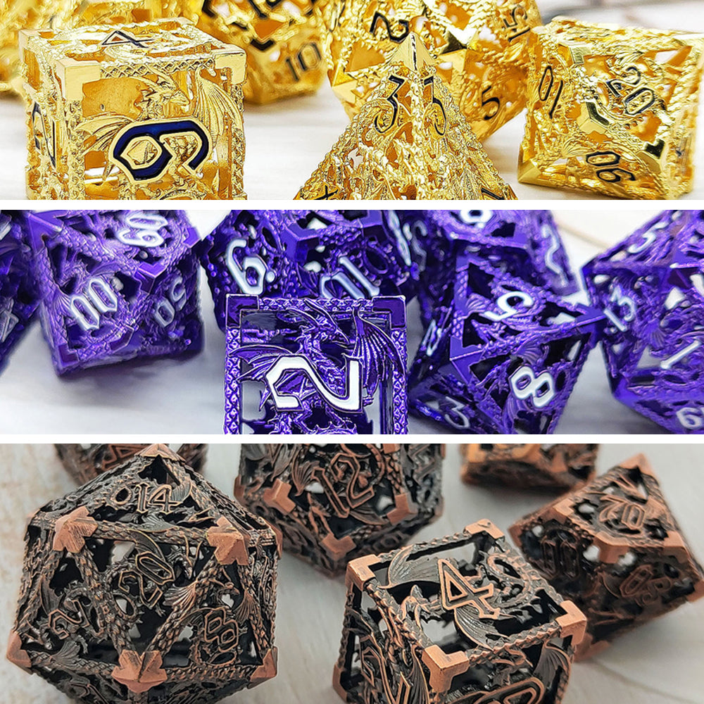 Metal Hollow Dragons Dice Set, Purple + White Numbers