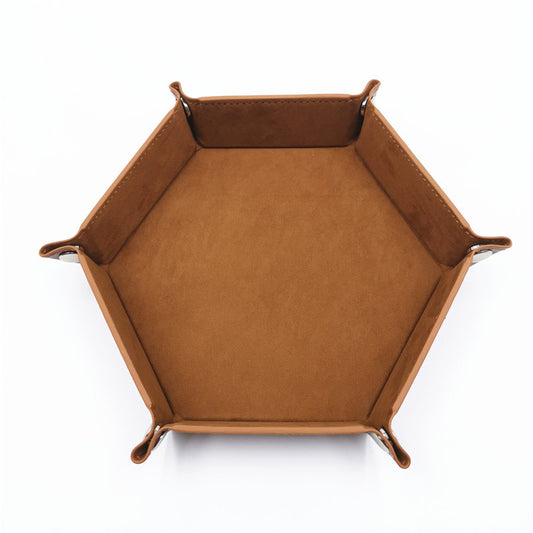 PU Leather Dice Tray Folding Hexagon Dice Holder Tray for Dungeons and Dragons RPG Table Games, Brown