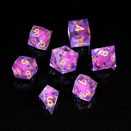 Liquid Core Resin Dice Set, Purple + Golden Numbers
