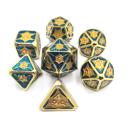 Yellow Blue Metal Solid Petal Pattern Dice Set