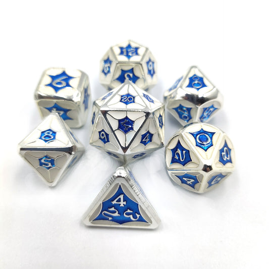 White Blue Metal Solid Petal Pattern Dice Set