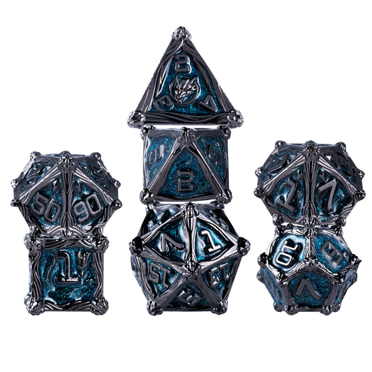 Metal Solid Dragon And Warrior Dice Set, Black Nickel Blue