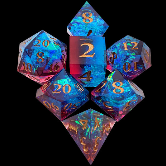 Sharp Edge Resin Dice Set, Blue-red + Copper Numbers