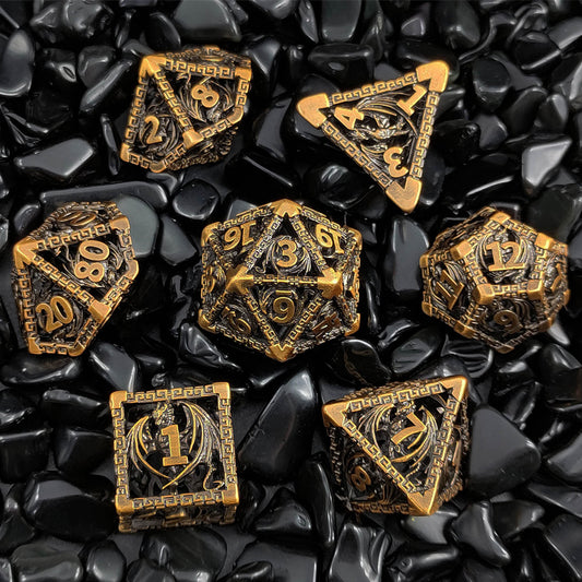 Metal Hollow Dragon Dice Set, Antique Golden