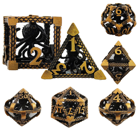 7-teiliges hohles 3D-Oktopus-Würfelset aus Metall, Antik-Gold 