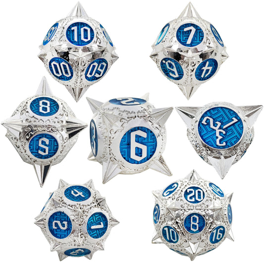 Silver Blue Metal Solid Round Pointed Dice Set