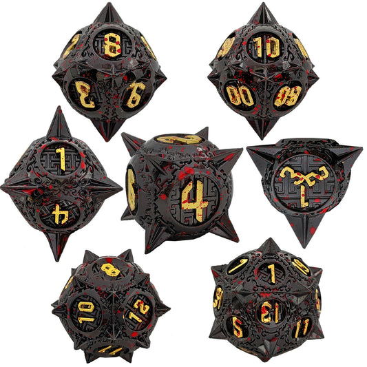 Metal Solid Round Pointed Dice Set, Black Golden Bloodstain