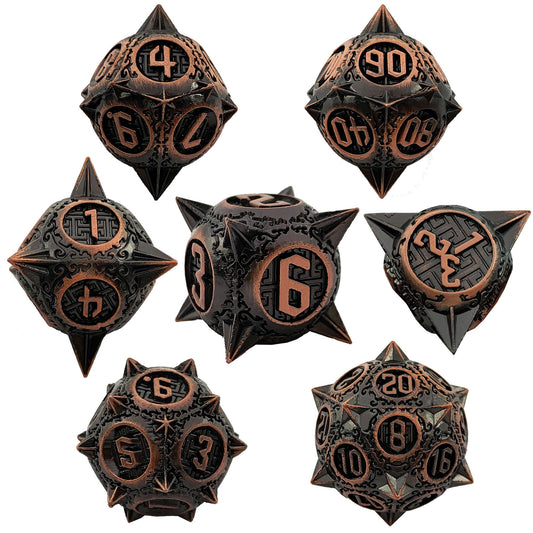 Metal Solid Round Pointed Dice Set, Black Copper Red