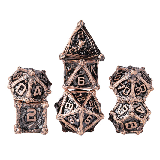 Metal Solid Dragon And Warrior Dice Set, Antique Red Copper
