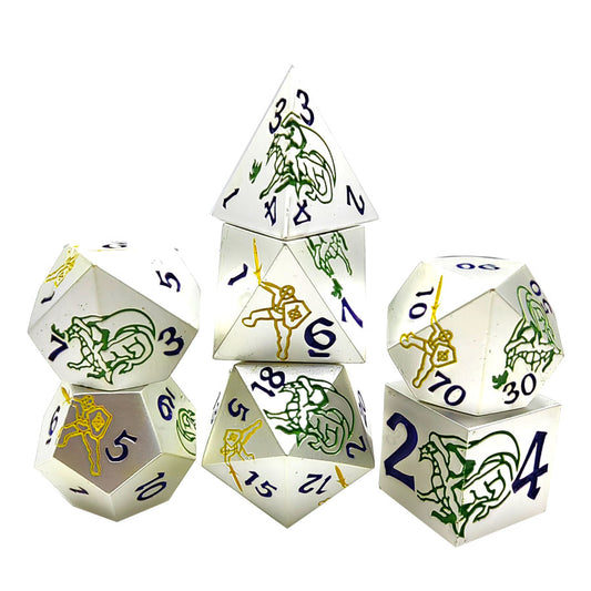 Metal Solid Dragon Fighter Dice Set, Silver + Purple Numbers