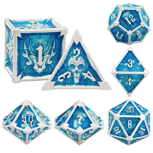Metal Solid Star angle Dice Set, Silver Blue