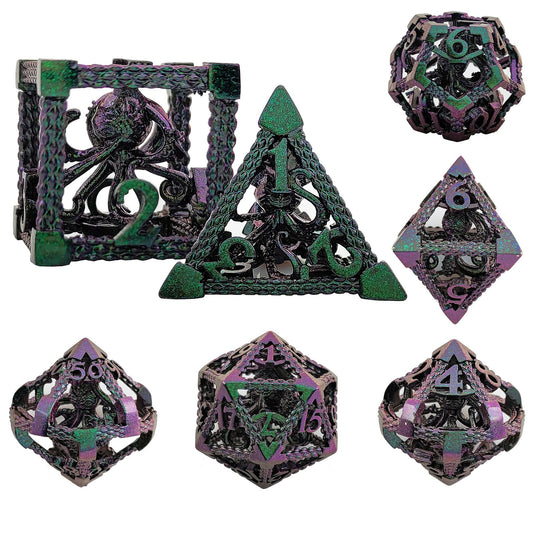 7Pcs Metal Hollow 3D Octopus Dice Set, Gradient Green Purple