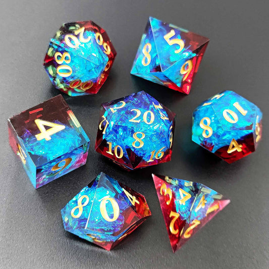 Sharp Edge Resin Dice Set, Blue-red + Golden Numbers