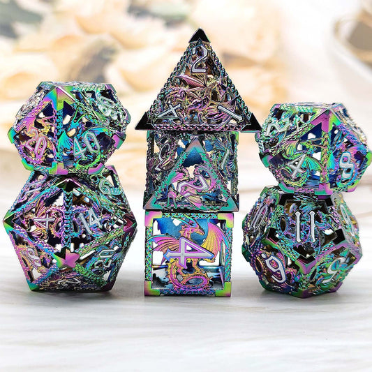 Metal Hollow Dragons Dice Set, Colorful + White Numbers