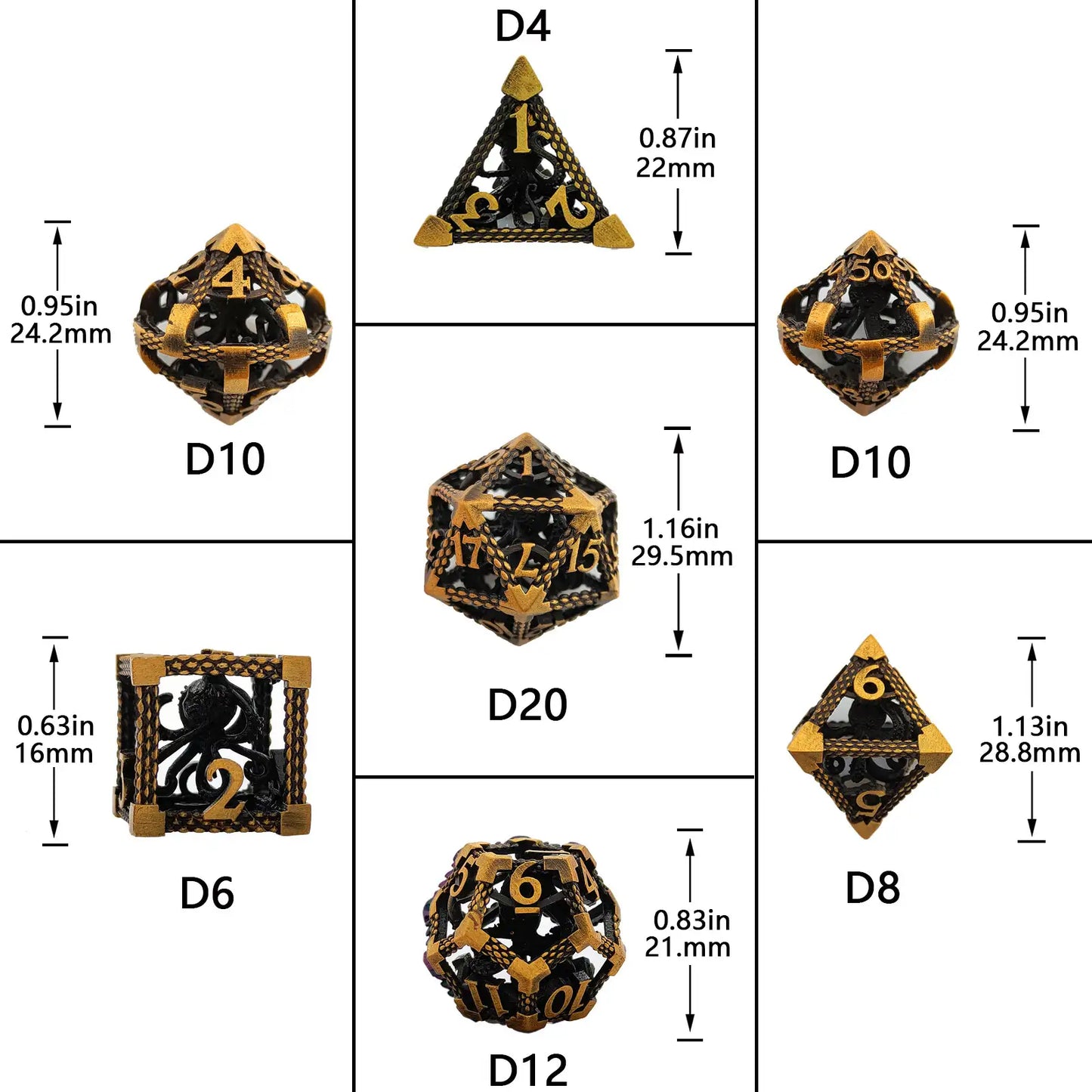 Ensemble de dés en métal creux 3D en forme de pieuvre, doré antique 