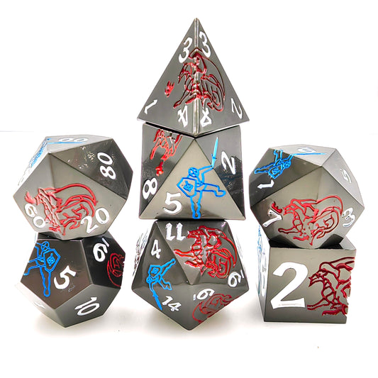 Metal Solid Dragon Fighter Dice Set, Black + White Numbers