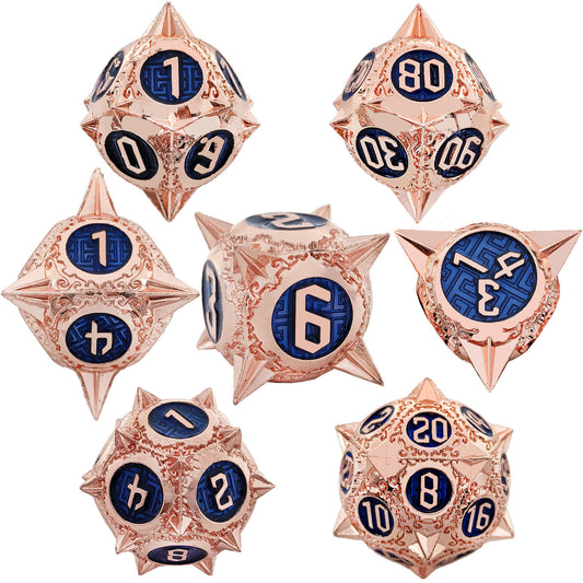 Metal Solid Round Pointed Dice Set, Copper Royal Blue