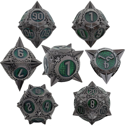 Grey Green Metal Solid Round Pointed Dice Set