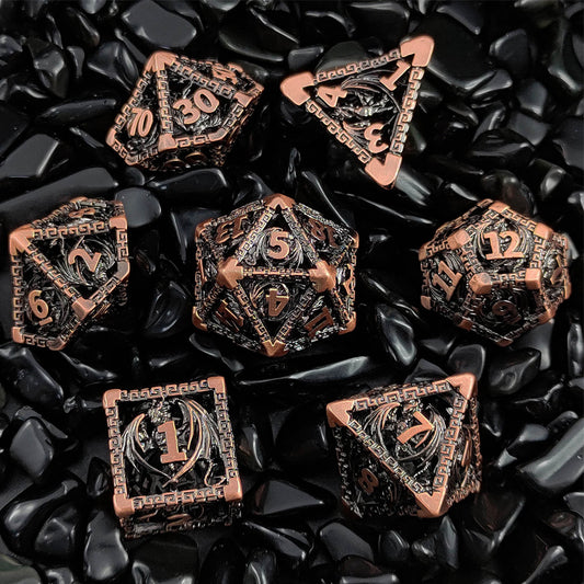 Metal Hollow Dragon Dice Set, Antique Red Copper