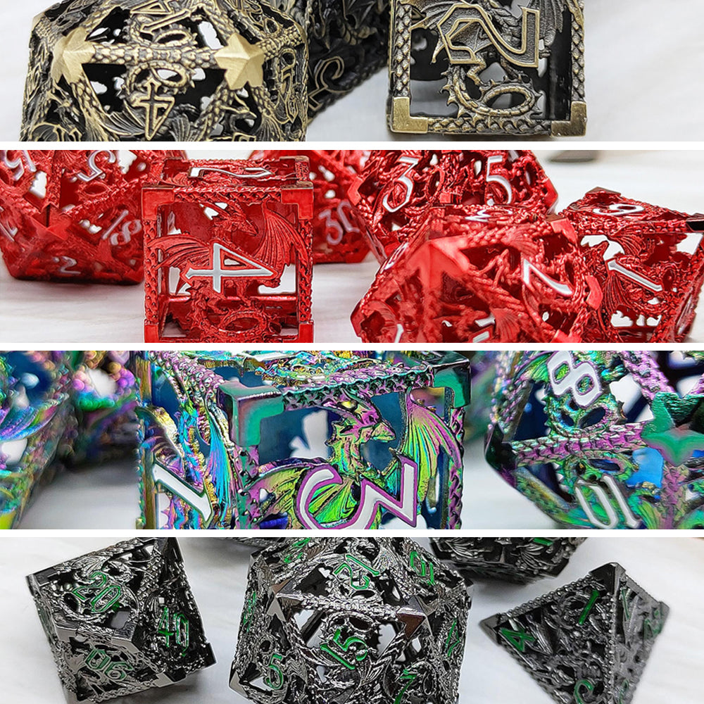 Metal Hollow Dragons Würfelset, bunte + weiße Zahlen 