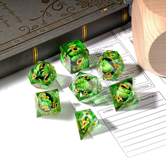 Dragon's Eye Resin Dice Set, Green + Golden Numbers