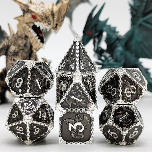 Silver Black Metal Solid Dragon Dice Set