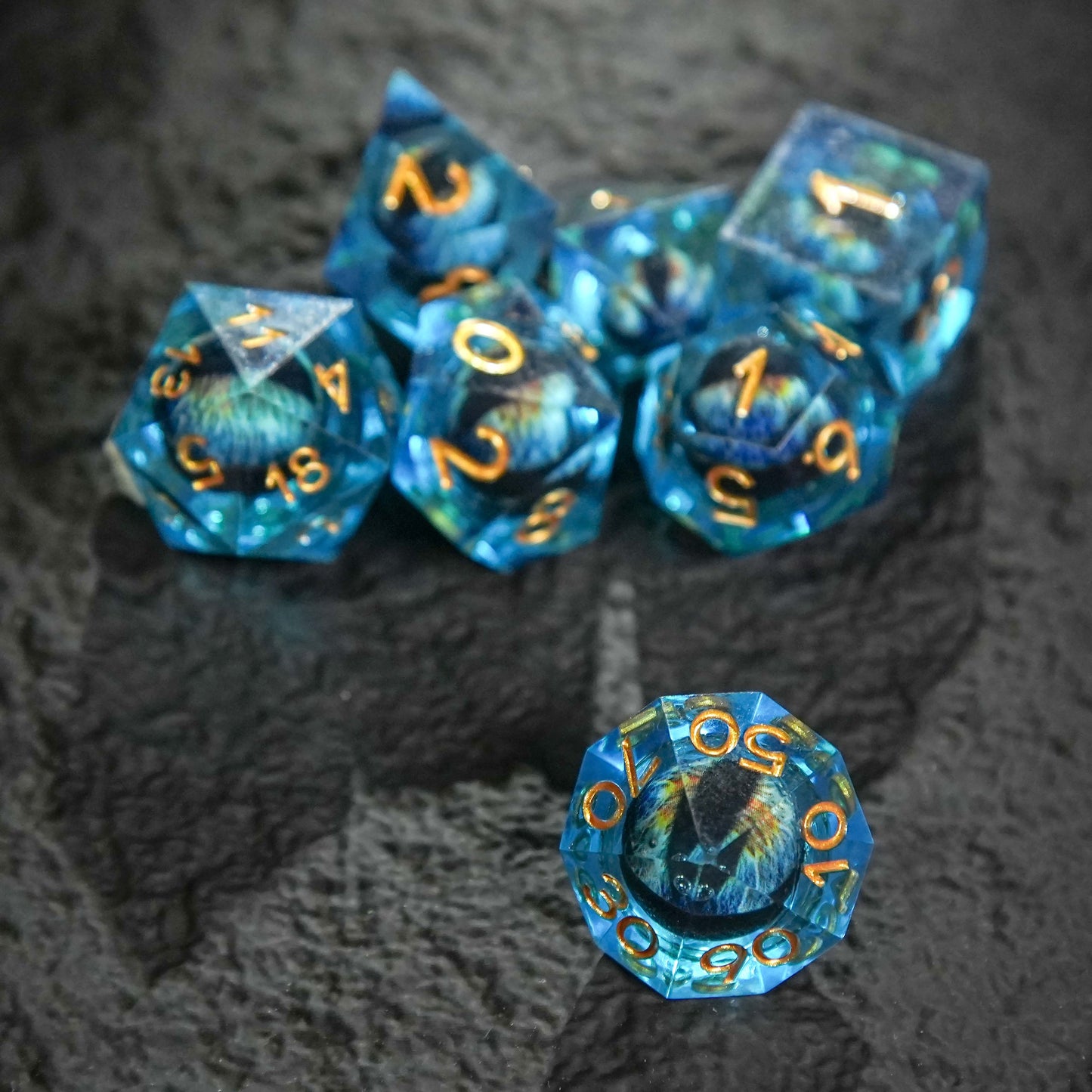 Dragon's Eye Resin Dice Set, Blue + Golden Numbers