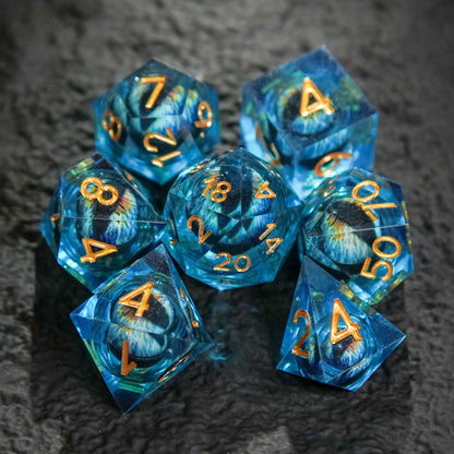 Dragon's Eye Resin Dice Set, Blue + Golden Numbers