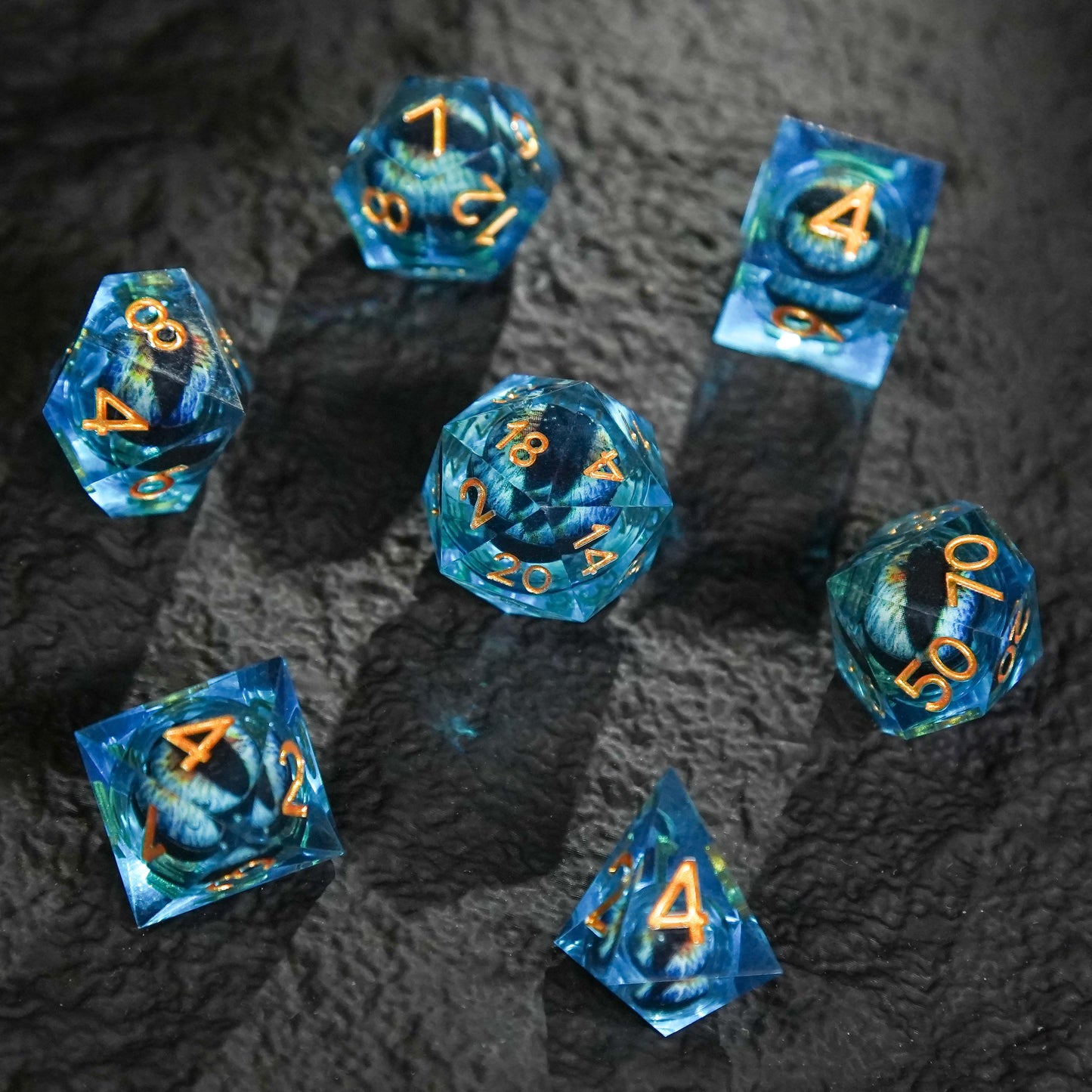 Dragon's Eye Resin Dice Set, Blue + Golden Numbers