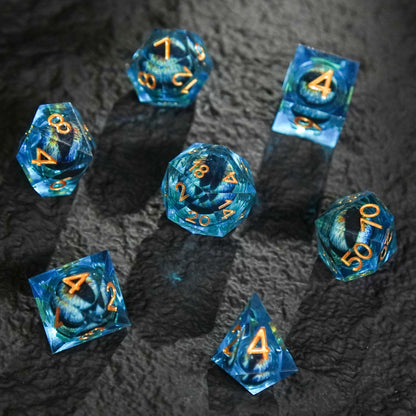 Dragon's Eye Resin Dice Set, Blue + Golden Numbers