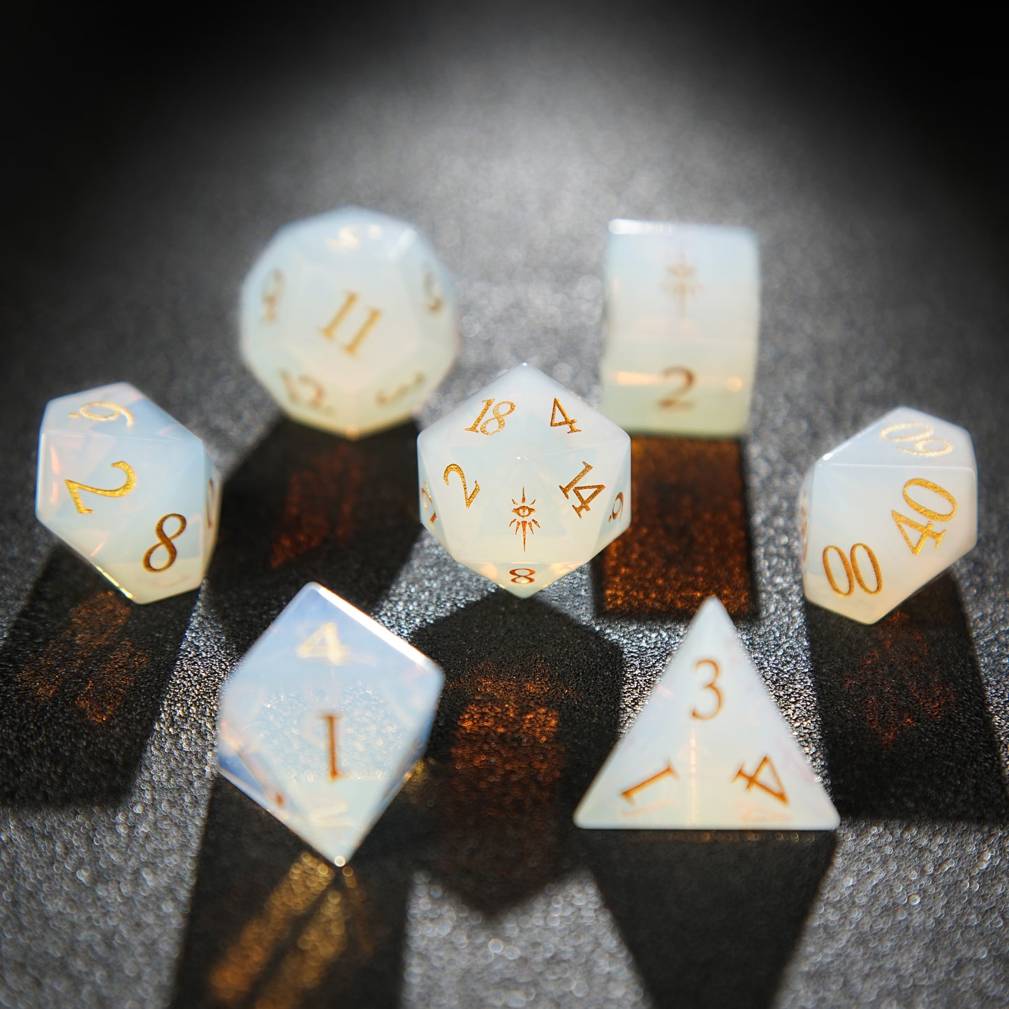 White Cat Eyes Gemstone+Golden Numbers D&D Dice Set