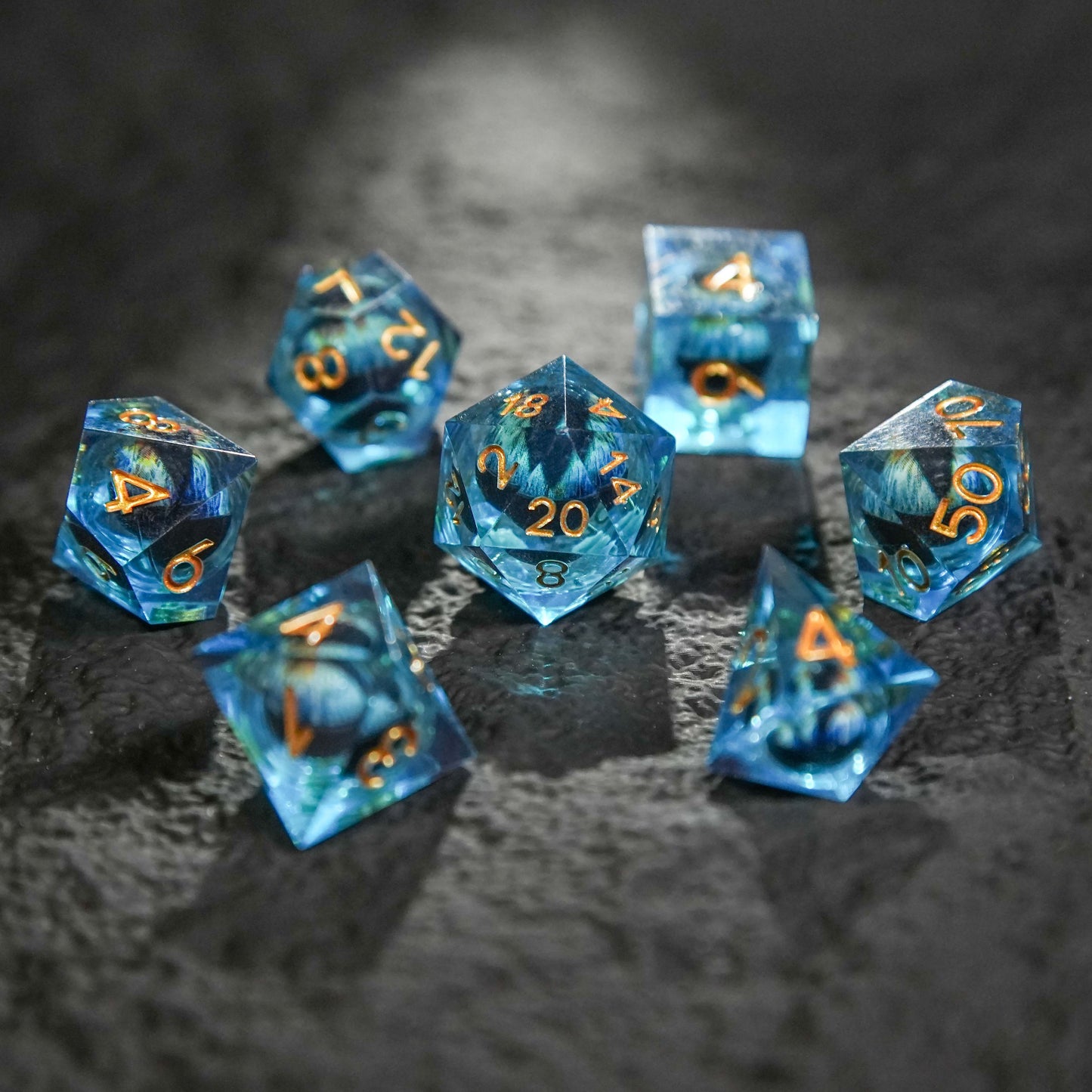 Dragon's Eye Resin Dice Set, Blue + Golden Numbers