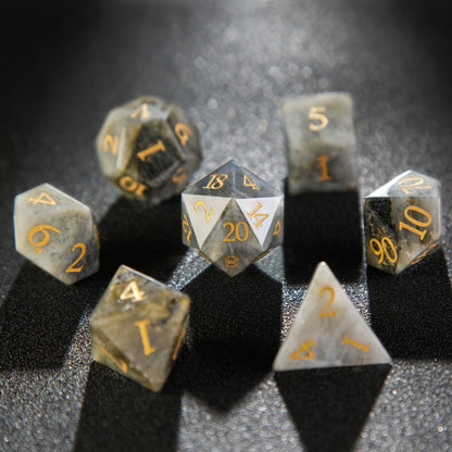 Grey Gemstone+Golden Numbers D&D Dice Set