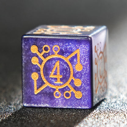 Purple Gemstone + Golden Pattern D&D Dice Set