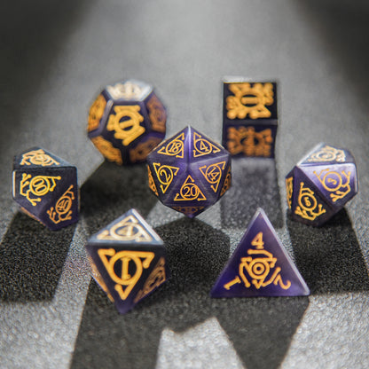 Purple Gemstone + Golden Pattern D&D Dice Set