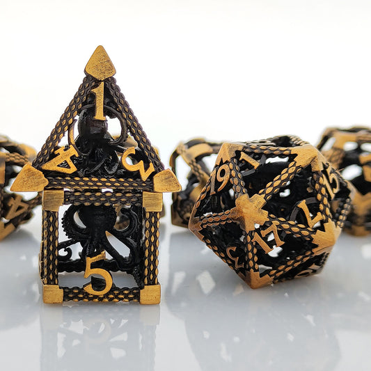 7Pcs Metal Hollow 3D Octopus Dice Set, Antique Golden