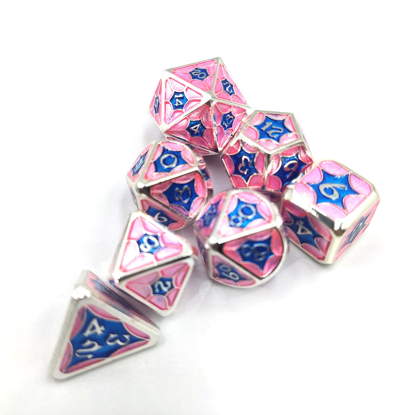 Pink Blue Metal Solid Petal Pattern Dice Set