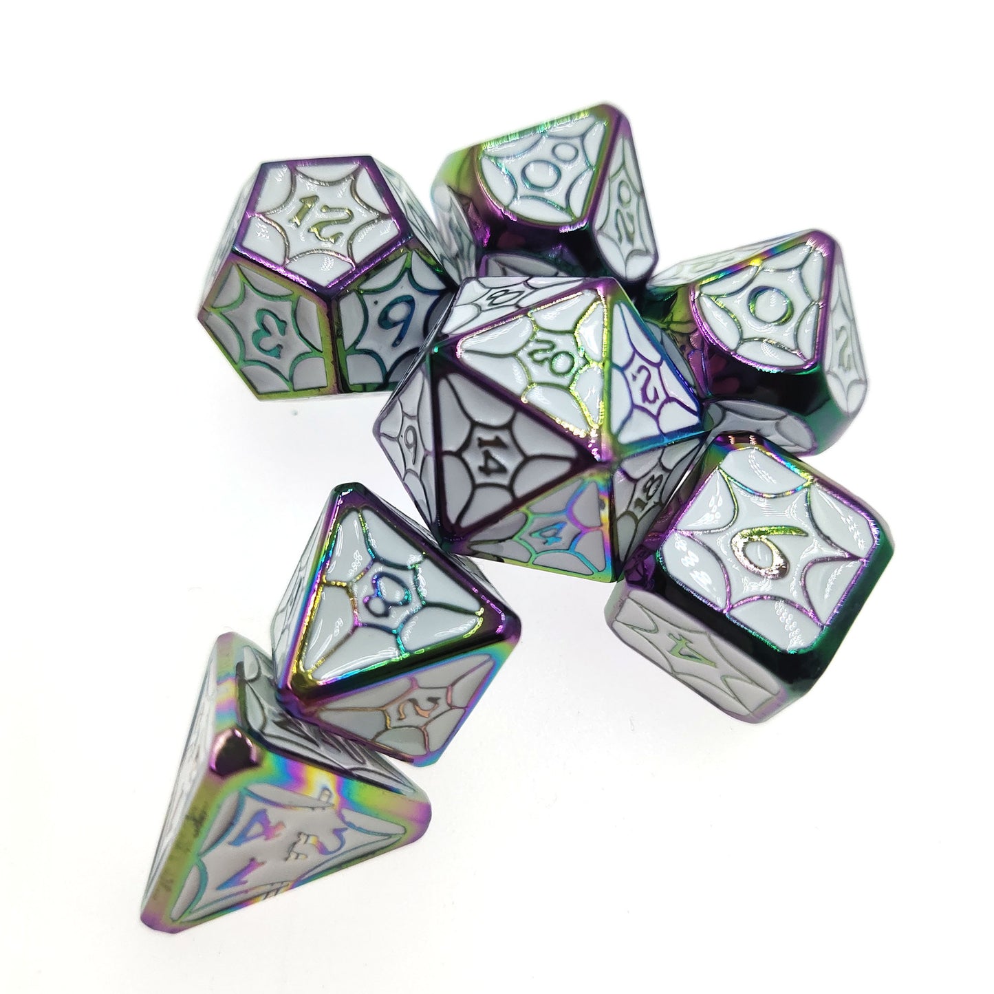 Colored metal solid petal pattern dice