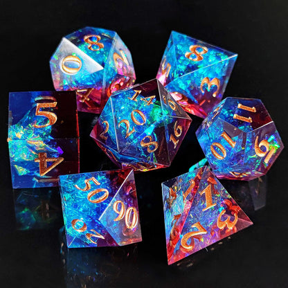 Sharp Edge Resin Dice Set, Blue-red + Copper Numbers